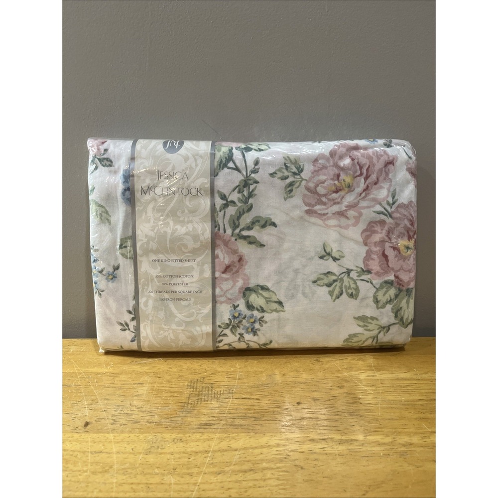 Vtg Jessica McClintock One King Fitted Sheet Cream Pink Floral Cottagecore Roses